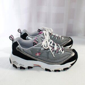 Skechers D'Lites, Walking Shoes, Gray/Silver/Pink/Black, Sparkly, 6